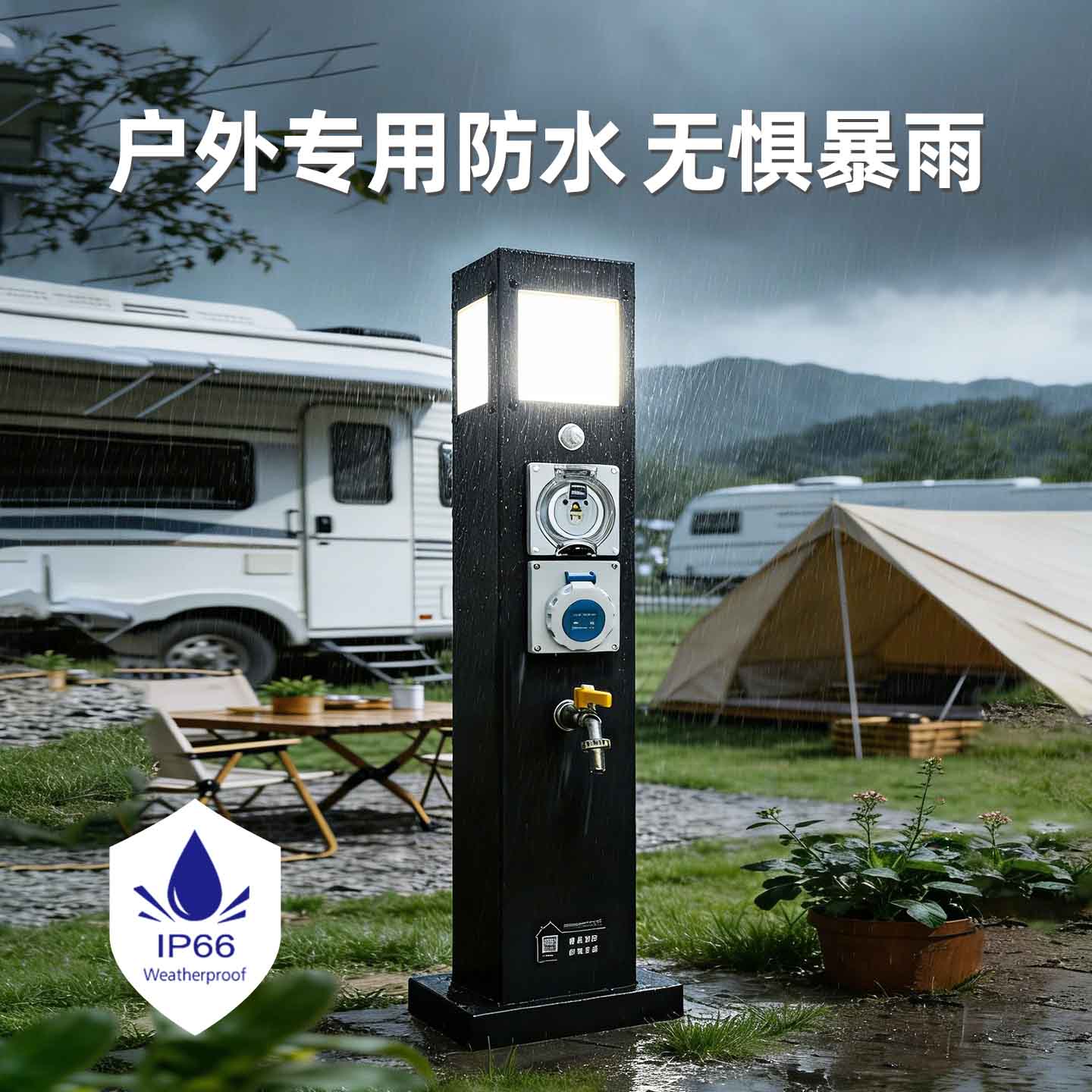 极亚智能黑色款 IP66 防水水电桩，露营场景供电供水设备