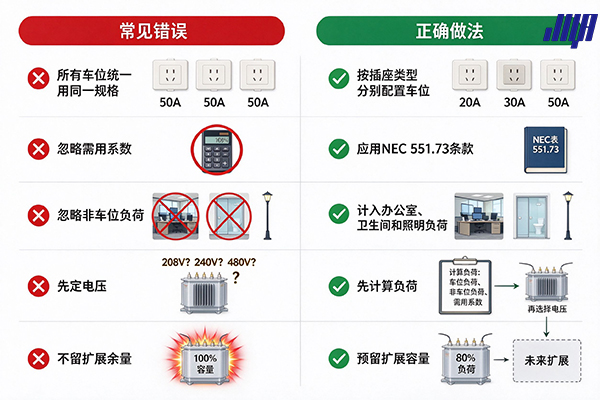 房车营地用电容量规划常见错误与正确做法对比图：插座规格配置、需用系数、非营位负荷计算、电压选择与扩展余量预留