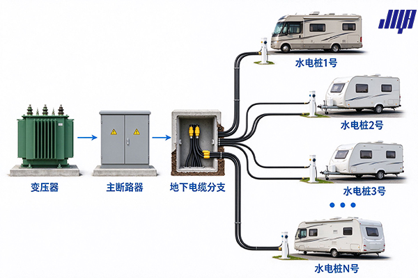 房车营地电气系统拓扑图：从变压器到主断路器到地下电缆分支，再到各营位智能水电桩的完整供电链路示意图